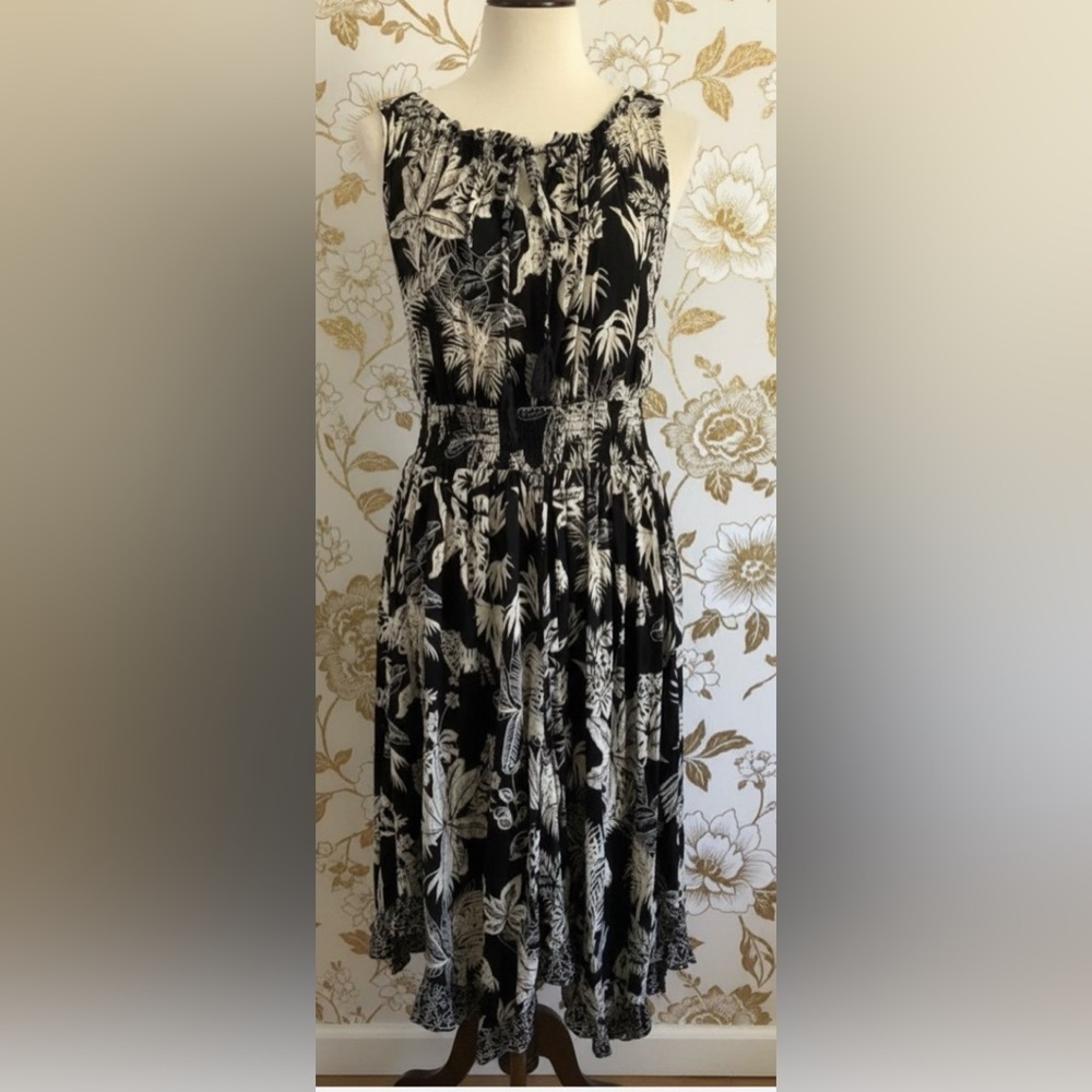 NWT Lola P Black Tan Sleeveless Stress Tropical Zoo Animal Print Dress Size M - Picture 1 of 16
